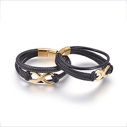 Golden Braided Leather Cord Multi-strand Bracelets, with 304 Stainless Steel Findings and Magnetic Clasps, Infinity, Black, Golden, 8-5/8 inch(22cm), 12~25mm