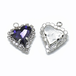 Аметист Стеклянные стразы подвески, с латунной фурнитурой платинового цвета, сердце, аметист, 21x16.5x6 мм, отверстие : 2 мм