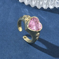 Pink Открытые кольца-манжеты из латуни с инкрустацией кубическим цирконием для женщин, сердце, со стеклом, долговечный, стойки покрытие, реальный 18 k позолоченный, розовые, 11 мм, размер США 7 3/4 (17.9 мм)