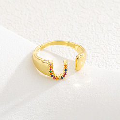 Letter U Браслет-манжета из латуни с микропаве и цветными кубическими циркониями, открытые кольца., буквы, золотые, Буква U, 15~20 мм