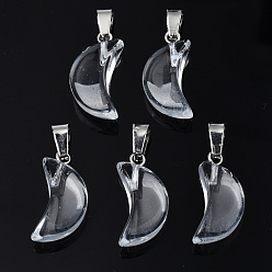 Clear Transparent Spray Painted Glass Pendants, with Platinum Plated Brass Bails, Moon Charms, Clear, 21.5x10.5x6mm, Hole: 4mm