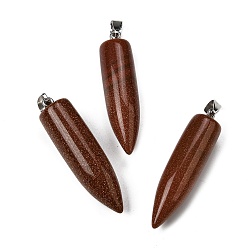 Камень с Пылевым Золотом Искусственные подвески из золотого камня, Подвески в форме пули с 304 защелкивающимися креплениями из нержавеющей стали, цвет нержавеющей стали, 45x11.5~12 мм, отверстие : 7x4 мм