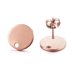 Oro Rosa Revestimiento iónico (ip) 304 fornituras de aretes de acero inoxidable, con asa y placa plana, tuercas de oreja / aretes, plano y redondo, oro rosa, 12x1 mm, agujero: 1.4 mm, pin: 0.8 mm
