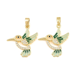 Green Brass Micro Pave Clear Cubic Zirconia Pendants, with Enamel, Hummingbird Charms, Real 18K Gold Plated, Green, 22x20.5x2mm, Hole: 5x3mm