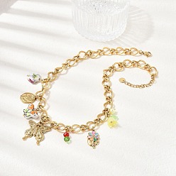 Золотой 304 Женские подвески-бабочки из нержавеющей стали, акриловые и керамические цветы, красочный, золотые, 15.94 дюйм (40.5 см)