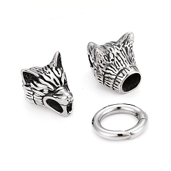 Antique Silver Wolf Head Stainless Steel Spring Gate Rings, O Rings with Two Cord End Caps, Antique Silver, 61x18x16.5mm