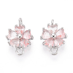 Платинированный Подвески-коннекторы из латуни с розовым кубическим цирконием, цветок ссылки, Реальная платина, 11.5~13x8.5x3.5~4 мм, отверстие : 1.4~1.6 мм