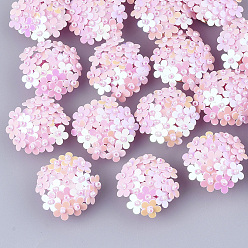 Pink Cabochons paillette pvc, perles de cluster, avec des perles de rocaille en verre et des réglages de disques perforés en laiton plaqué or, fleur, rose, 20~23x10~11mm