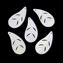 WhiteSmoke Natural Freshwater Shell Pendants, Hollow Leaf Charms, WhiteSmoke, 44~45x22x2mm, Hole: 1.6mm