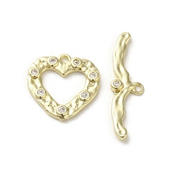 Golden Brass Micro Pave Cubic Zirconia Toggle Clasps, Long-Lasting Plated, Cadmium Free & Nickel Free & Lead Free, Heart, Golden, 15x14.5x2mm, Hole: 1.2mm