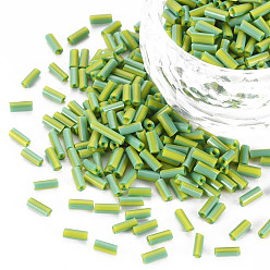 Green Yellow Opaque Colours Two Tone Seed Glass Bugle Beads, Round Hole, Round Bugle, Green Yellow, 4~8.5x2mm, Hole: 0.6~0.8mm, about 450g/Pound