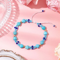 Темно-Голубой Браслеты из бисера в форме ромба и цилиндра, с сердечками из синтетических бирюзовых бусин и стеклянных бусин, глубокое синее небо, внутренний диаметр: 3-1/8~4-3/4 дюйм (8~12 см)