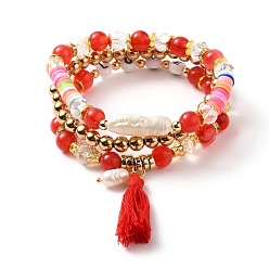 Red Multi-layered Stretch Beaded Bracelets Sets, Stackable Bracelets, with Acrylic Beads, Natural Pearl Beads, Glass Beads, Non-magnetic Synthetic Hematite Beads, Polymer Clay Heishi Beads, CCB Plastic Beads and Cotton Tassels, Red, Inner Diameter: 2-1/8 inch(5.5cm), 3pcs/set
