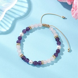 Аметист Браслеты из круглых бусин с натуральным аметистом, натуральным розовым кварцем и жемчугом из раковин, плетеные из бусин., плетеные браслеты из нейлоновой нити для женщин, с Гальваническим немагнитных синтетическими гематита бисера, внутренний диаметр: 1.99~2.95 дюйм (5.05~7.5 см)
