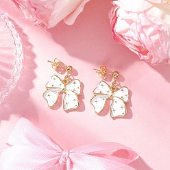 Белый Серьги эмали сплава, бантом, с 304 нержавеющей сталью и латунью, золотые, белые, 25x21 мм