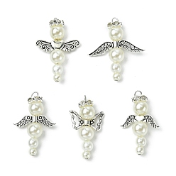 Angel & Fairy Бусины из искусственного жемчуга из АБС-пластика с латунными бусинами-разделителями из стразов и бусинами из сплава в тибетском стиле и бусинами из сплава в тибетском стиле, ангел кулон, ангел и фея, 32.5~34x17.5~30.5x7.5~8 мм, отверстие : 2.5 мм, 5 шт / комплект
