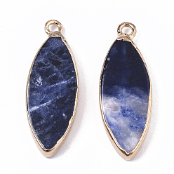Sodalite Edge Golden Plated Natural Sodalite Pendants, with Iron Loop, Horse Eye, 28.5~30.5x10.5x3.5mm, Hole: 1.6mm