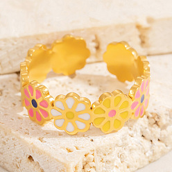 Настоящее золото 18K 304 из нержавеющей стали манжеты кольца, цветок, с эмалью, реальный 18 k позолоченный, 7 мм
