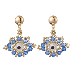 Васильковый Серьги-гвоздики из стеклянных бусин, с бусинами из смолы от сглаза и железными серьгами-гвоздиками, золотые, васильковый, 36x31 мм