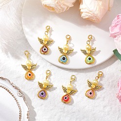 Антично-золотой и Золотой Подвесные украшения из сплава и смолы в виде ангела и сглаза, с поворотными застежками и круглыми бусинами из АБС-пластика, имитирующими жемчуг, античный золотой и золотой, 42 мм