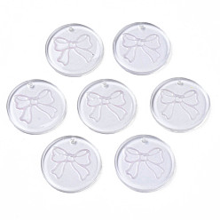 Pink Прозрачные смоляные подвески, с блеском порошок, плоские круглые с бантом, розовые, 24.5x2.5~3 мм, отверстие : 1.4 мм