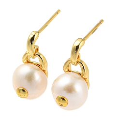 Real 18K Gold Plated Rack Plating Brass Dangle Stud Earrings with Natural Pearl, Cadmium Free & Lead Free, Linen, 16~17x8~9mm