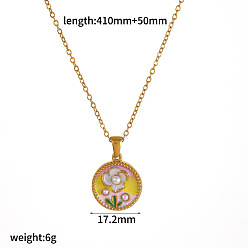 Rond Plat 304 Colliers avec pendentif fleur en acier inoxydable émaillé, or, colorées, plat rond, 16.14 pouce (41 cm), pendentif: 17.2 mm