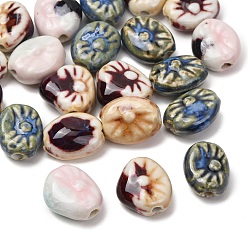 Mixed Color Vintage Handmade Porcelain Beads, Fancy Antique Glazed Porcelain, Oval, Mixed Color, 19x15~17x8~8.5mm, Hole: 2mm