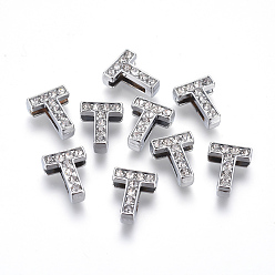 Letter T Alloy Initial Slide Charms with Grade A Rhinestones, Lead Free & Nickel Free, Platinum, Letter.T, 12~13x8~13x4~5mm, Hole: 8x2mm