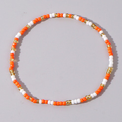 Orange Red Boho Round Glass Seed Beaded Stretch Bracelets for Women, Orange Red, 6.89 inch(17.5cm)