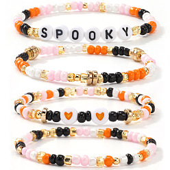 Mixed Color 4Pcs 4 Styles Halloween Acrylic & Glass & Brass Stretch Bracelets for Women, Mixed Shapes, Mixed Color, 6.89 inch(17.5cm)