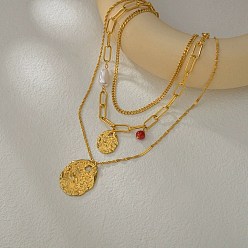 Настоящее золото 18K 304 Подвеска из нержавеющей стали и синтетической бирюзы круглой формы и искусственного жемчуга овальной формы из АБС-пластика 3 Многослойные ожерелья для женщин, реальный 18 k позолоченный, 16.38 дюйм (41.6 см)