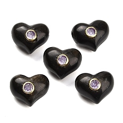 Obsidian Natural Obsidian Beads, Heart, with Brass Pave Cubic Zirconia Findings, Golden, 14x17~17.5x11.5~12mm, Hole: 1.6mm