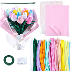 (52) Непрозрачная лаванда Наборы для самостоятельного изготовления палочек для скручивания тюльпанов, включая очистители труб, самодельная плюшевая палочка, железный стебель цветочный пруток, оберточной бумаги, нейлоновая органзовая лента и малярный скотч, разноцветные, 300x5~6 мм