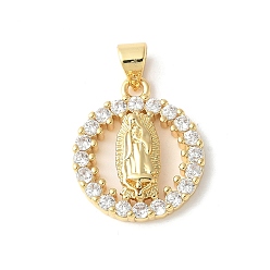 Плоский Круглый Латунные микропаве прозрачные подвески с фианитом, без кадмия и без свинца, реальный 18 k позолоченный, плоские круглые с Девой Марией, 19x16x3.5 мм, отверстие : 3.5x4.5 мм