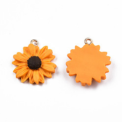 Orange Handmade Polymer Clay Pendants, with Light Gold Plated Iron Loop, Sunflower, Orange, 22.5~24x20~20.5x5~5.5mm, Hole: 2mm