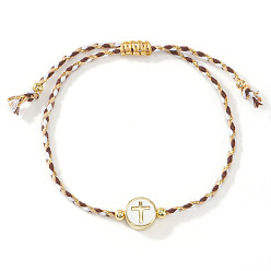 Седло Коричневый Браслеты из плетеных бусин с эмалью и латунью, плетеные браслеты из синтетического шнура для женщин, плоские круглые с крестом, седло коричневый, 11.02 дюйм (28 см)