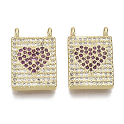 Medium Violet Red Brass Micro Pave Cubic Zirconia Pendants, Nickel Free, Rectangle with Heart, Real 16K Gold Plated, Medium Violet Red, 17x11x2.5mm, Hole: 1mm