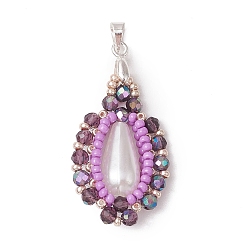 Фиолетовый Подвески-слезинки из стеклянных бусин, со стеклянными и акриловыми бусинами, имитирующими жемчуг, граненые, фиолетовые, 42 мм
