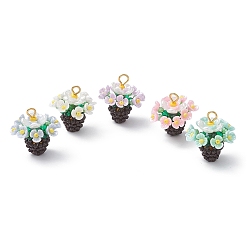 (52) Непрозрачная лаванда Подвески-цветы из стеклянных бусин из смолы, с золотыми железными петлями и пластиком, разноцветные, 24.5x22.5 мм, отверстие : 3.5 мм