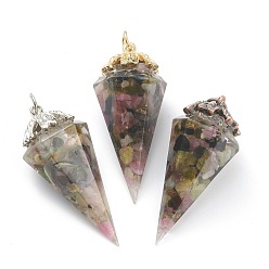 Tourmaline Resin Pointed Pendants, with Natural Tourmaline Inside and Brass Findings, Faceted, Cone/Spike/Pendulum, 43.5x17x19.5mm, Jump Ring: 6x1mm, 4mm Inner Diameter