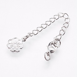 Платина Латунный удлинитель цепи, с карабин-лобстерами , без кадмия, без никеля и без свинца, долговечный, цветок, платина, 70~75x3 мм, отверстия: 2.5 мм, застежки: 10x6x3 мм