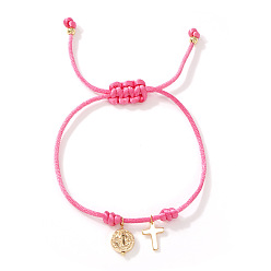 Pink Adjustable Brass Religion Cross Virgin Charm Nylon Cord Braided Bracelets, Golden, Pink, 11.02 inch(28cm)