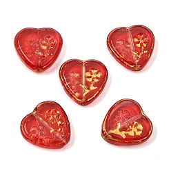 Red Baking Paint and Golden Metal Enlaced Glass Beads, Heart with Flower, Red, 15.5x16x4mm, Hole: 1.2mm