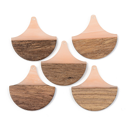 Light Salmon Opaque Resin & Walnut Wood Pendants, Fan, Light Salmon, 38x38x3mm, Hole: 2mm