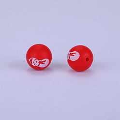 Red Christmas Printed Round with Snowman Pattern Silicone Focal Beads, Red, 15x15mm, Hole: 2mm