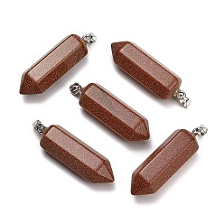 Goldstone Synthetic Goldstone Pendants, Hexagon Charms, with 304 Stainless Steel Snap on Bails, Stainless Steel Color, 49~51x13~14x15~16mm, Hole: 7.5x4mm