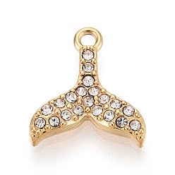 Золотой 303 подвески из нержавеющей стали, со стразами, прелести рыбий хвост, ионное покрытие (ip), долговечный, золотые, 13x11.5x2.5 мм, отверстие : 1.4 мм