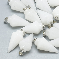 White Jade Natural White Jade Pendants, with Stainless Steel Snap On Bails, Cone, 31~33x14~15mm, Hole: 6x4mm