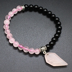 Розовый Кварц Эластичные браслеты из натурального розового кварца и обсидиана, браслеты с подвесками для женщин, форма ножа, внутренний диаметр: 2-3/8 дюйм (6 см)